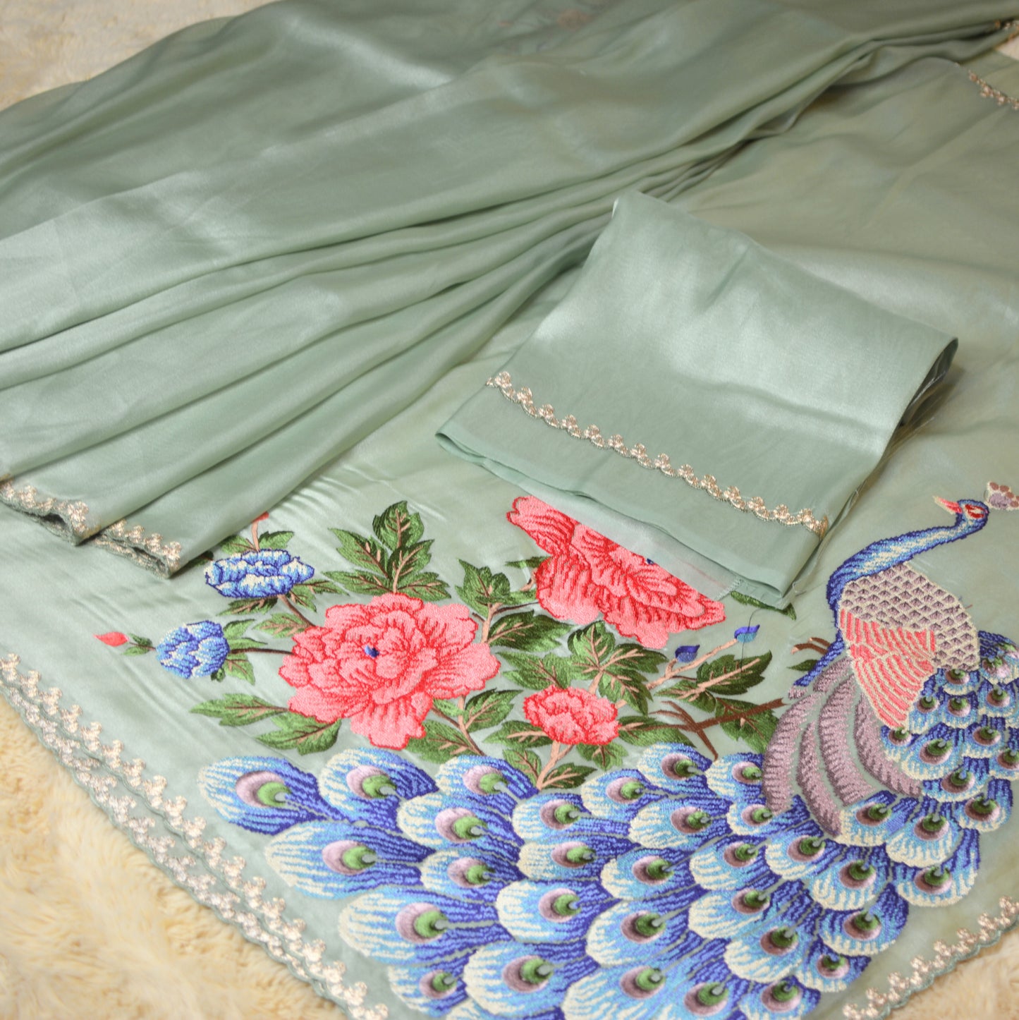 Pista green tissue peacock embroidery saree