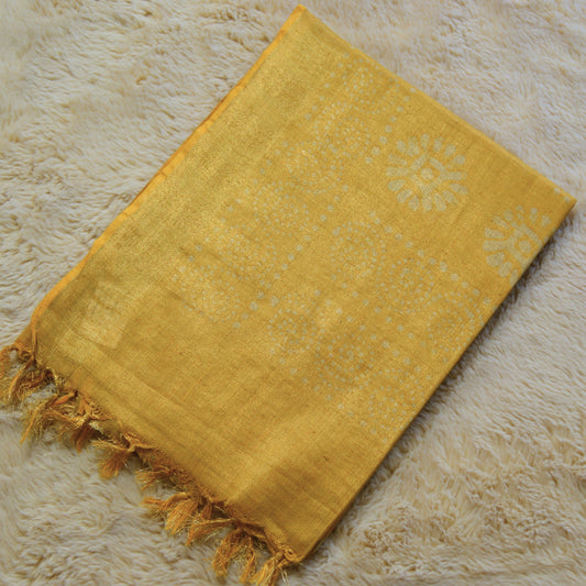 Yellow moonga silk batik printed saree