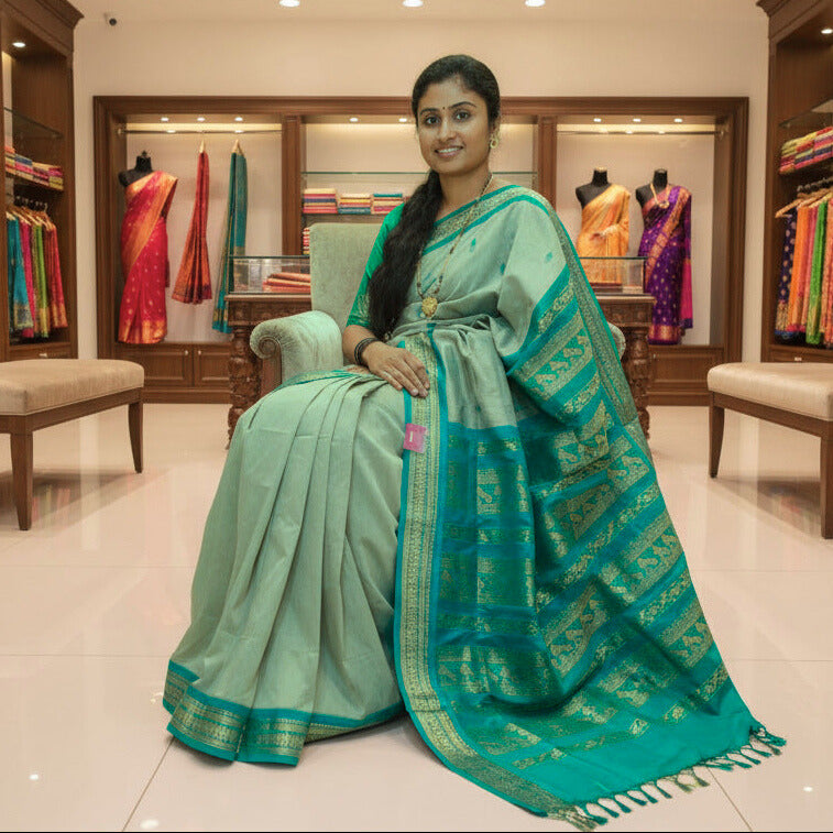 Greyish blue contrast kalyani cotton saree