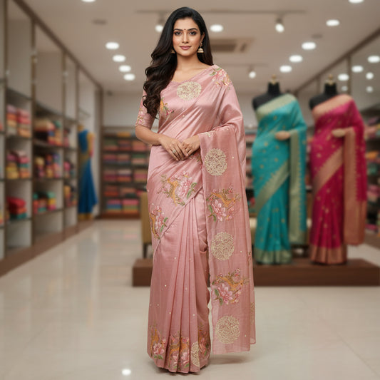 Peach dol silk cutwork embroidery saree
