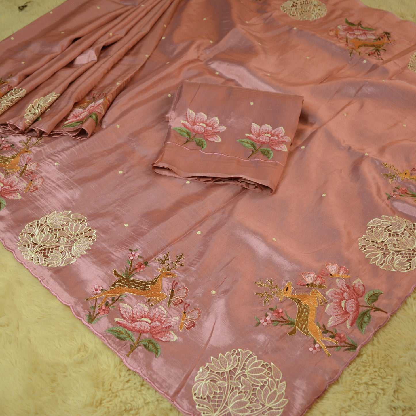 Peach dol silk cutwork embroidery saree