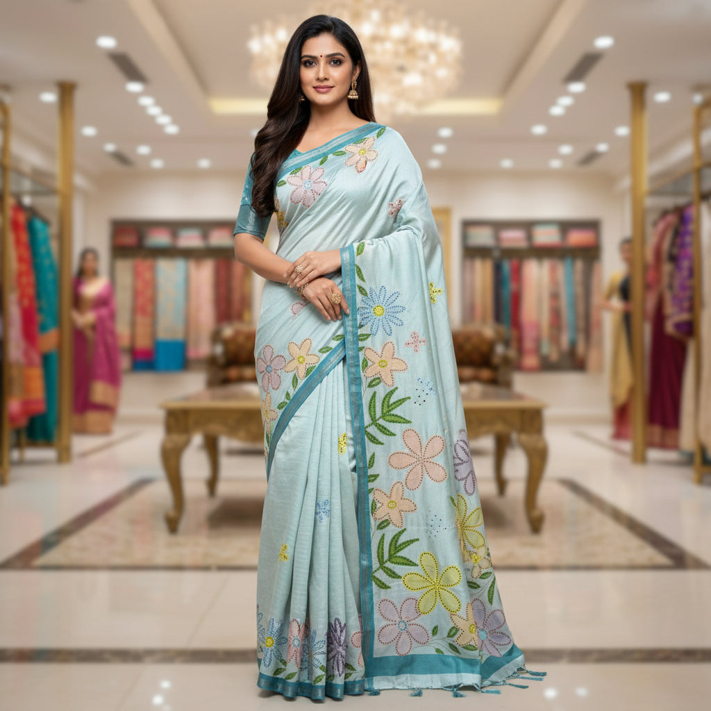 BLUE contrast tussar cutwork saree