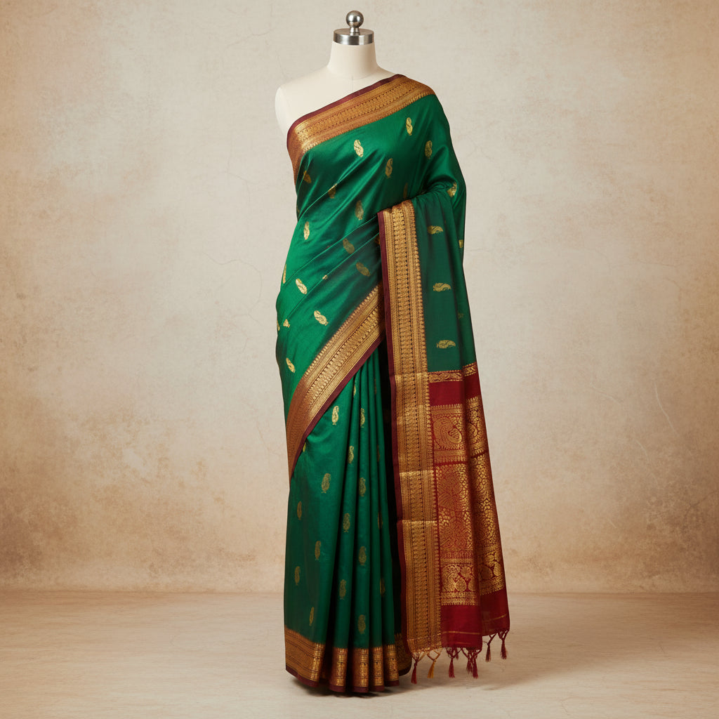 Bottle green handloom kalyani cotton saree with maroon contrast