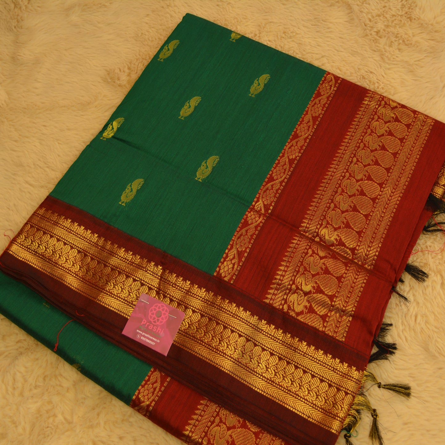 Bottle green handloom kalyani cotton saree with maroon contrast