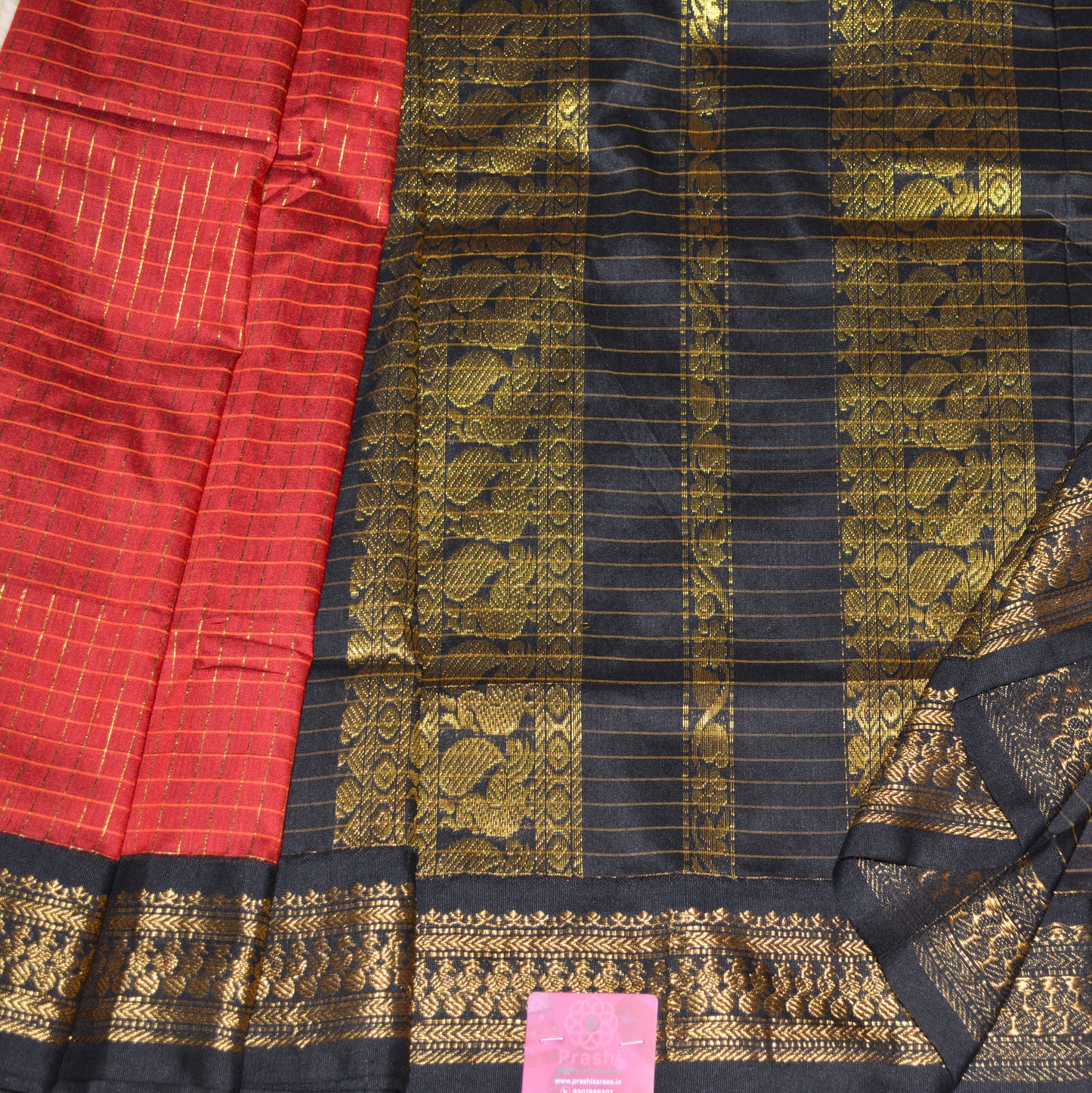 Brick red checks Kalyani cotton saree