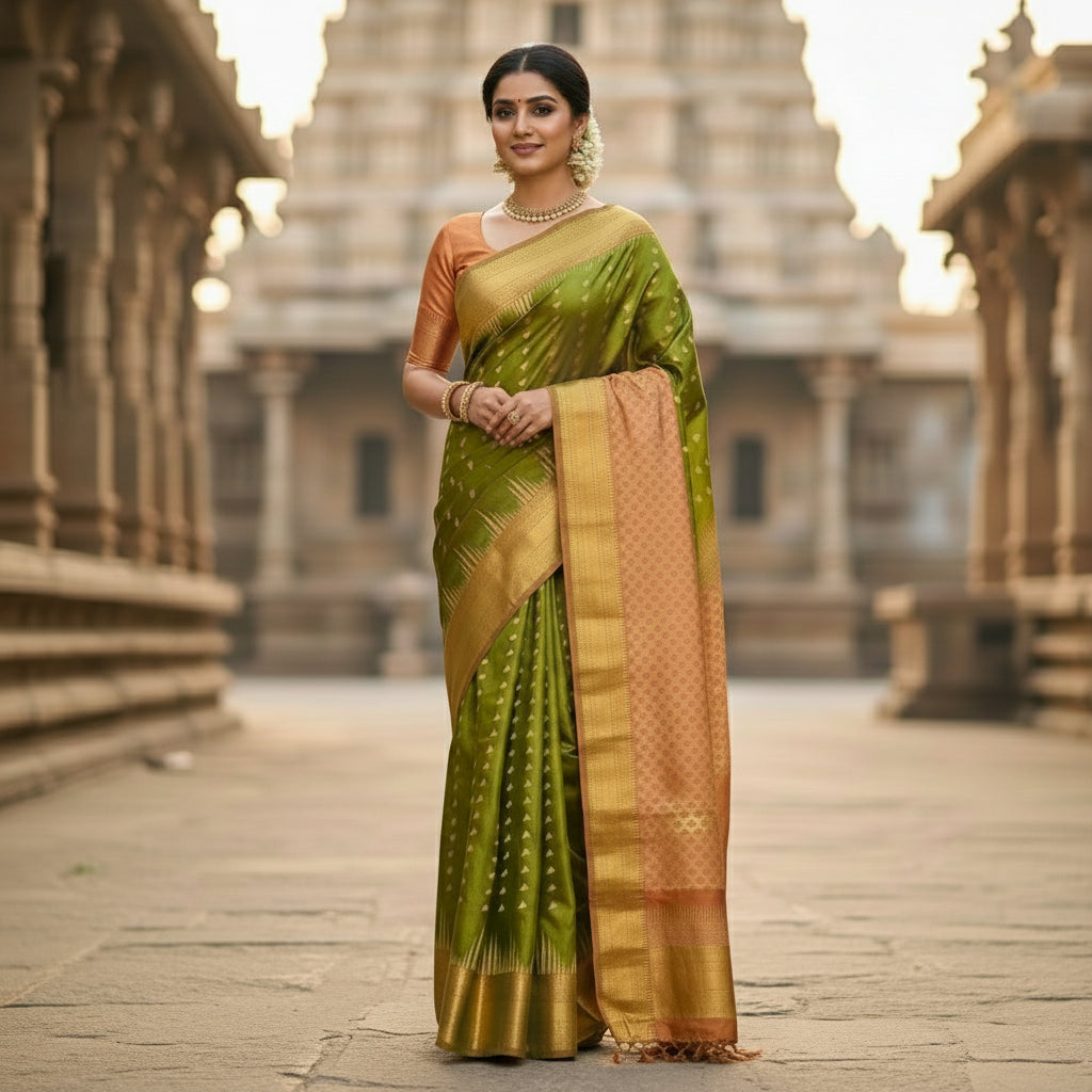 Mehndi green semi soft silk temple border saree