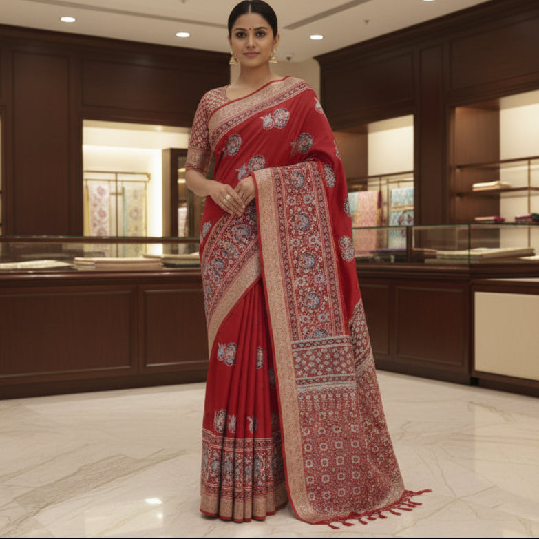 Red ajrakh handblock printed dola silk saree