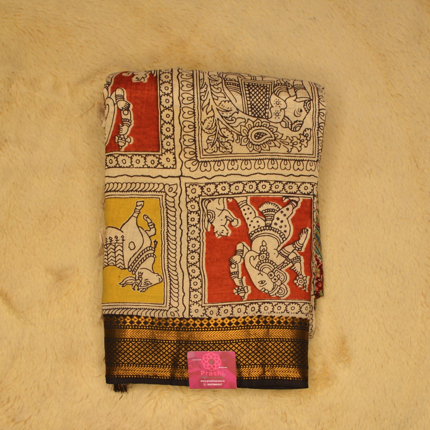 Yellow with Red Nizam border kalamkari silk saree