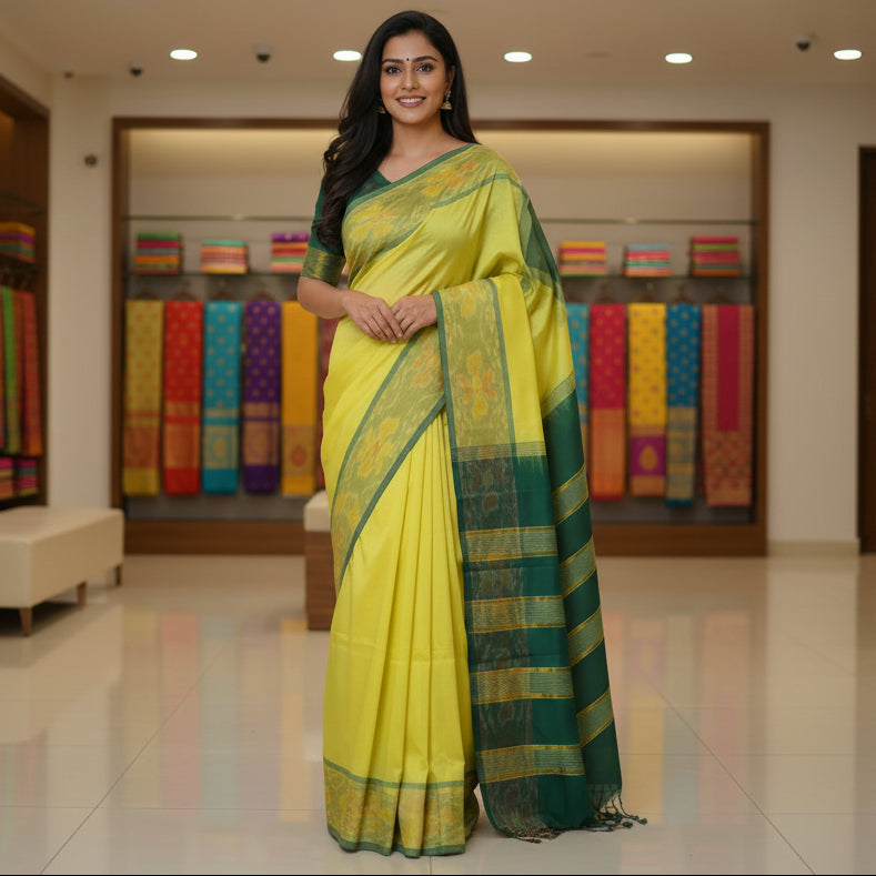 Lemon yellow and green vekatagiri silk cotton saree