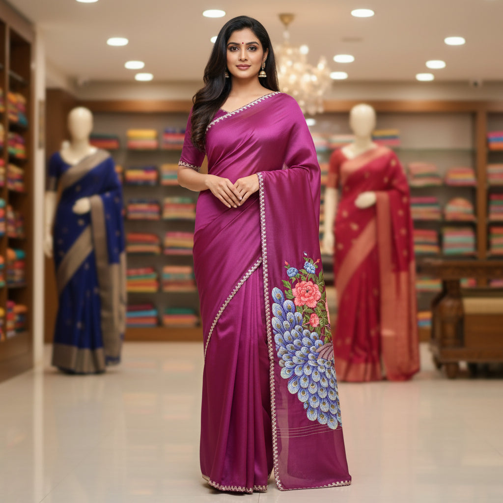 Magenta tissue saree with peacock embroidery.