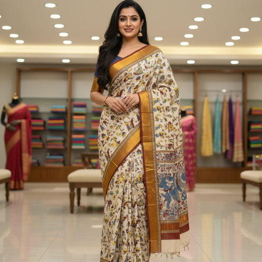 Half-white with red border kalamkari silk saree