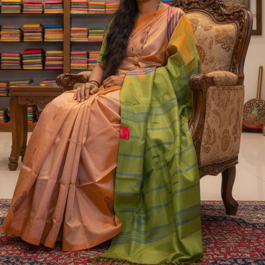 Peach with green vegan silk saree