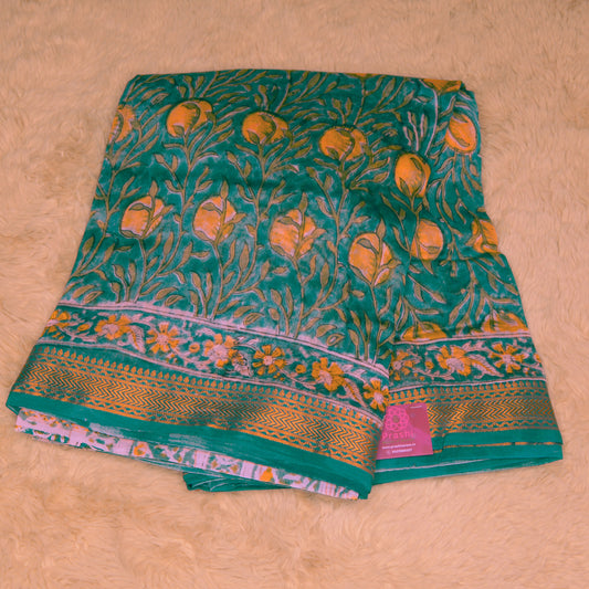 Rama green ajrakh handblock printed pure maheshwari silk saree