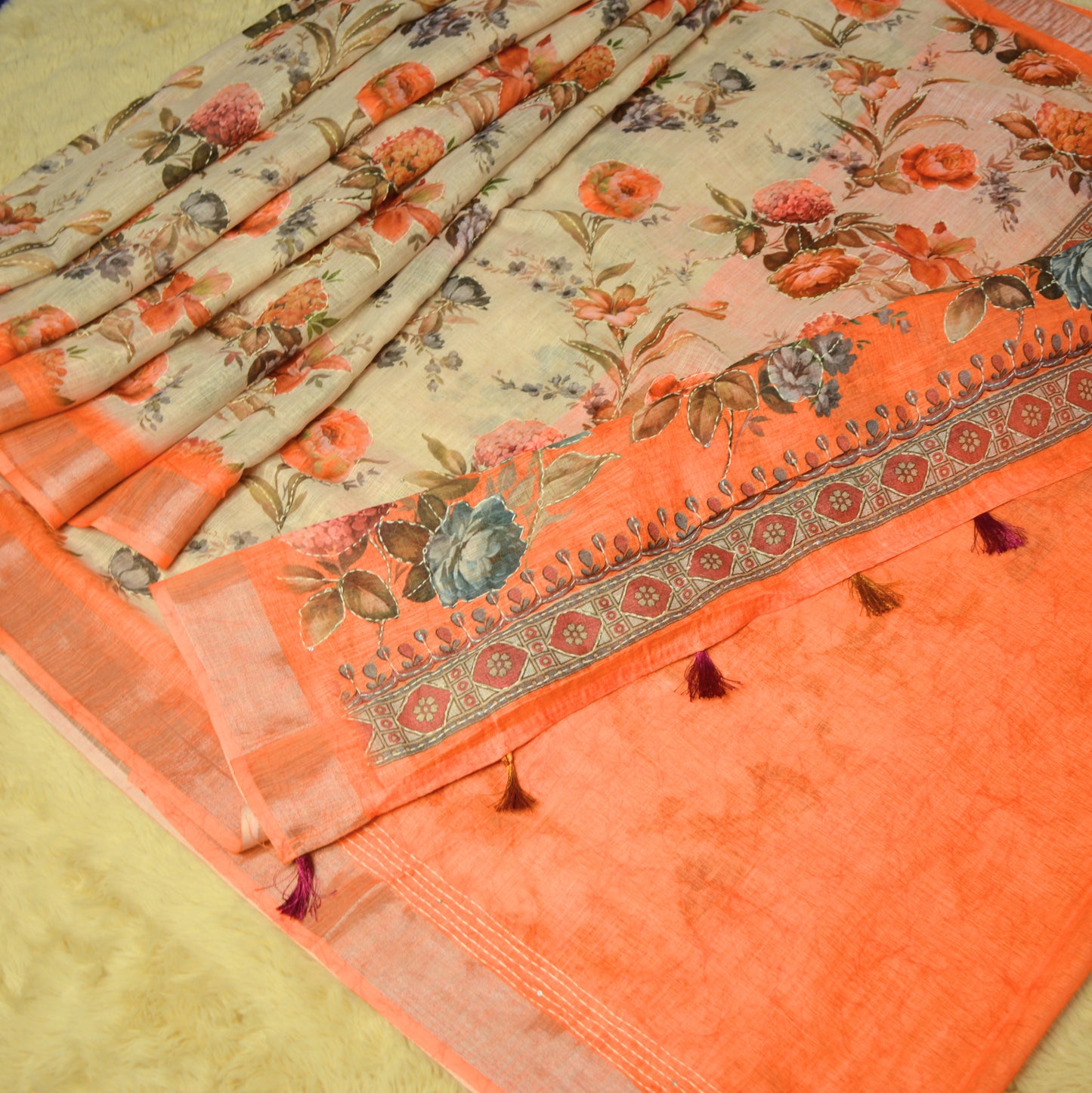 Beige white linen katha work digital print saree
