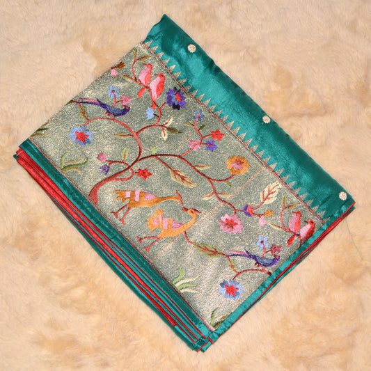 Sea green dola silk german silver work saree