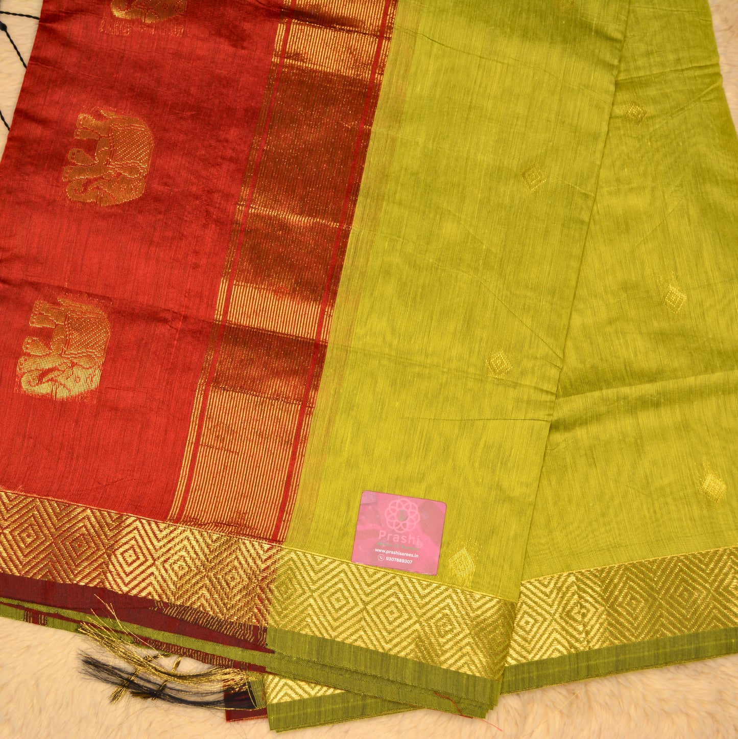 Parrot green maheshwari silk cotton saree