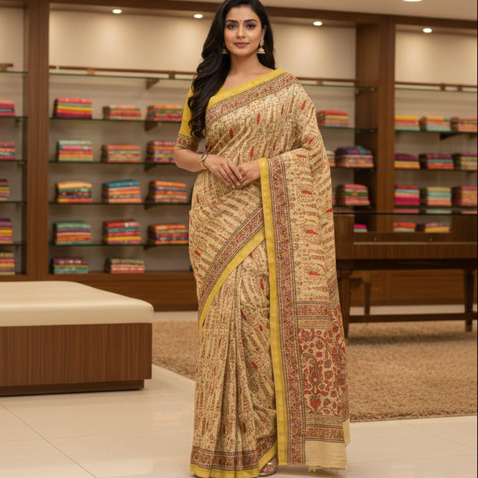 Yellowshi  ajrakh handblock printed chanderi silk cotton saree