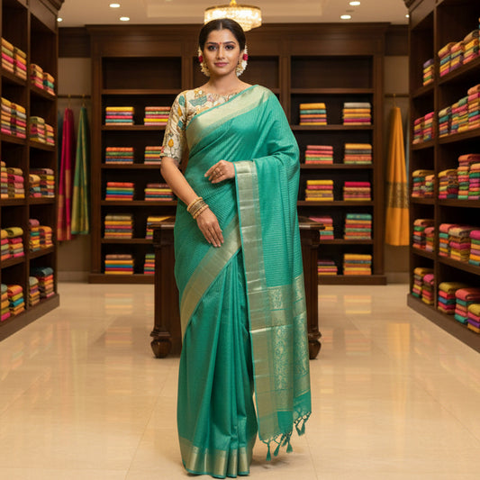Rama green moonga tissue saree with 2 blouses