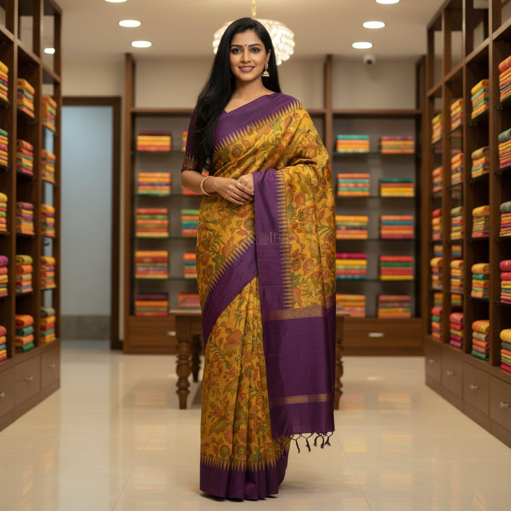 dark orange and purple contrast kalyani cotton digital print saree