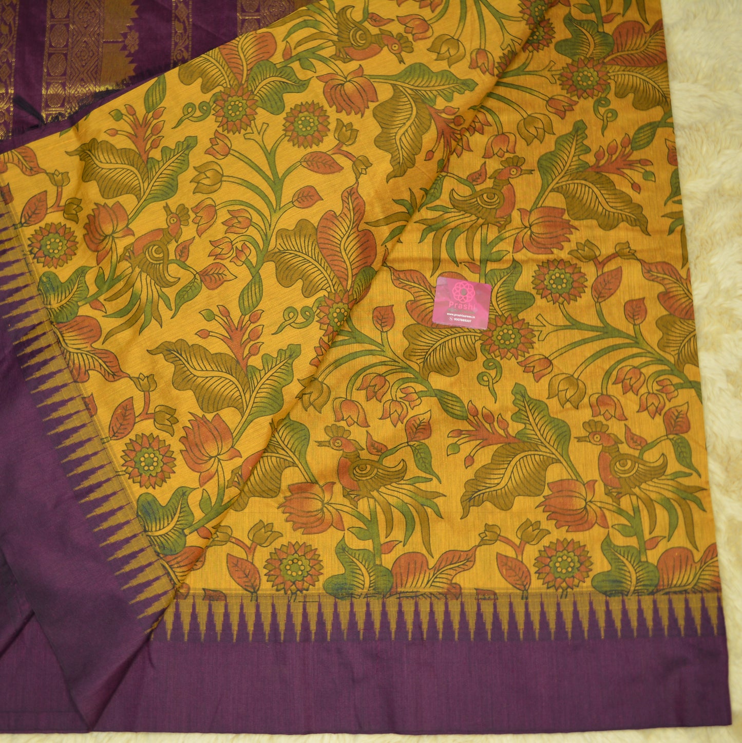 dark orange and purple contrast kalyani cotton digital print saree