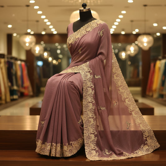 Mouve colour chiffon embroidery saree