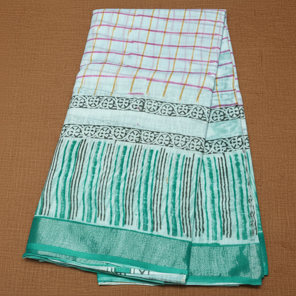 White pure linen handblock printed saree