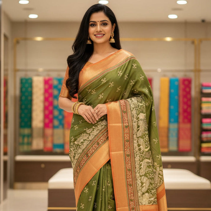 Mehandi green with rust orange patola saree