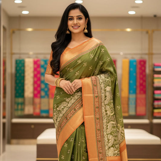 Mehandi green with rust orange patola saree