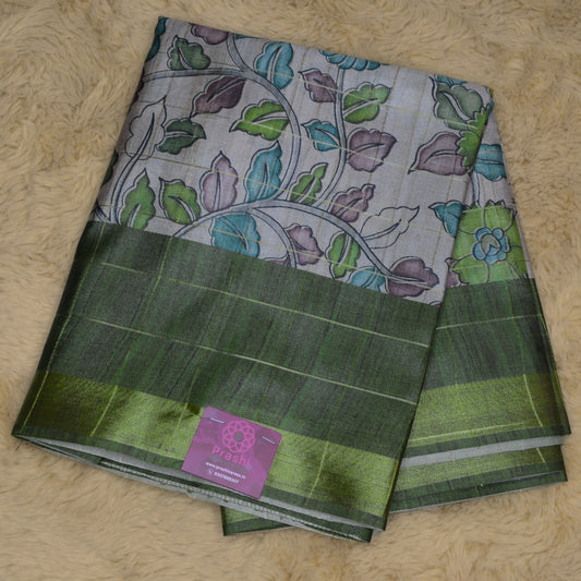Grey with pista green tussar checks kalamkari saree