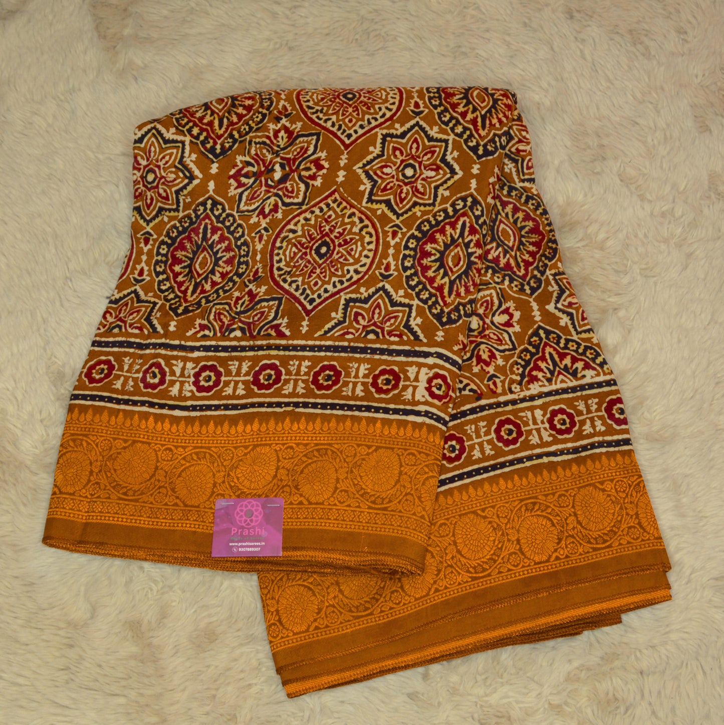 Brown ajrakh handblock printed dola silk saree
