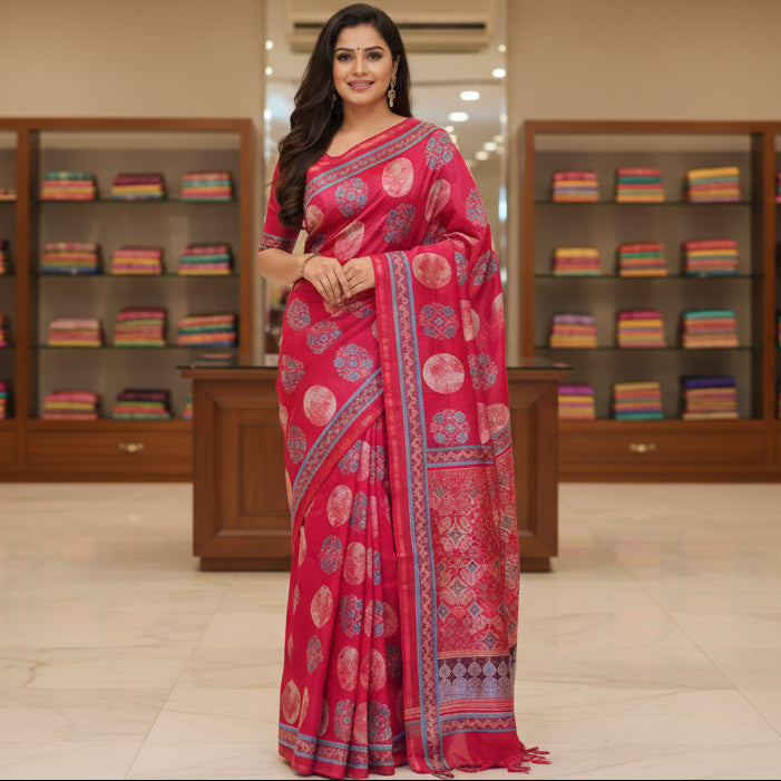 Red ajrakh handblock printed chanderi silk cotton saree