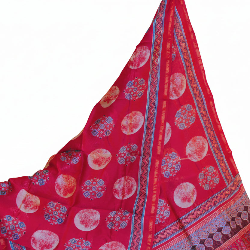 Red ajrakh handblock printed chanderi silk cotton saree