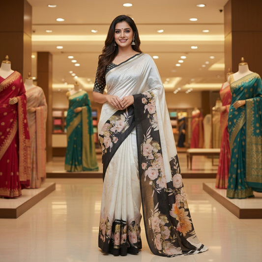 Half-white with black contrast canon silk saree