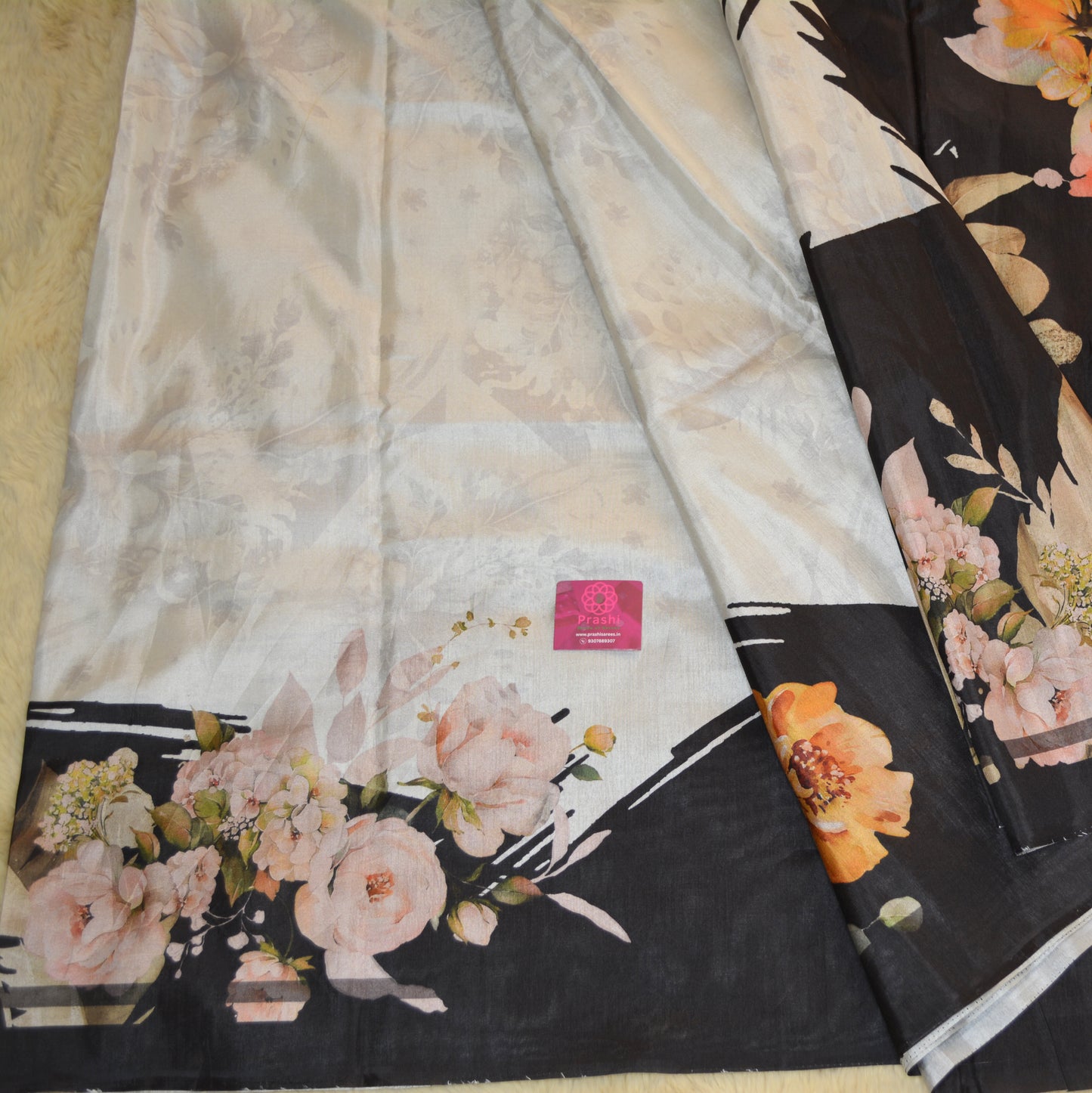 Half-white with black contrast canon silk saree