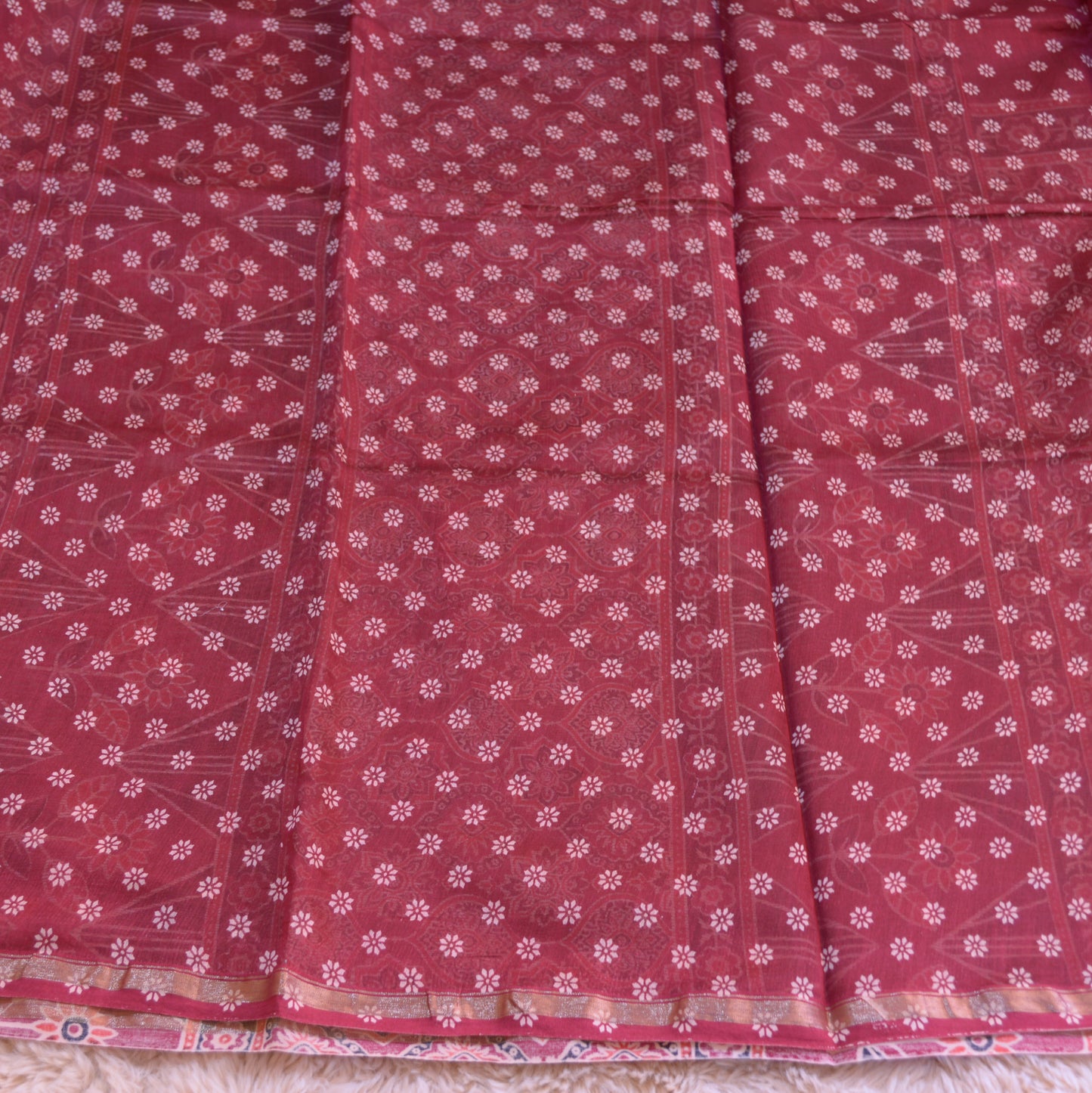 Maroon ajrakh handblock printed chanderi silk cotton saree