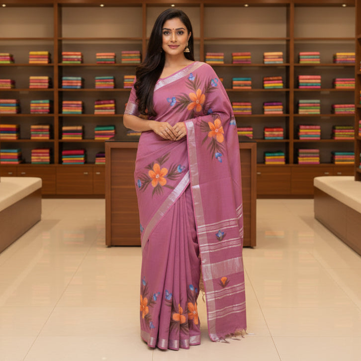 Onion pink pure linen handblock printed saree