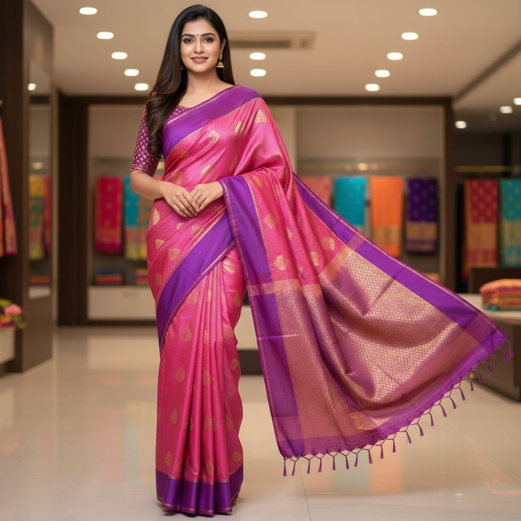 Pink and purple semi silk big butta saree