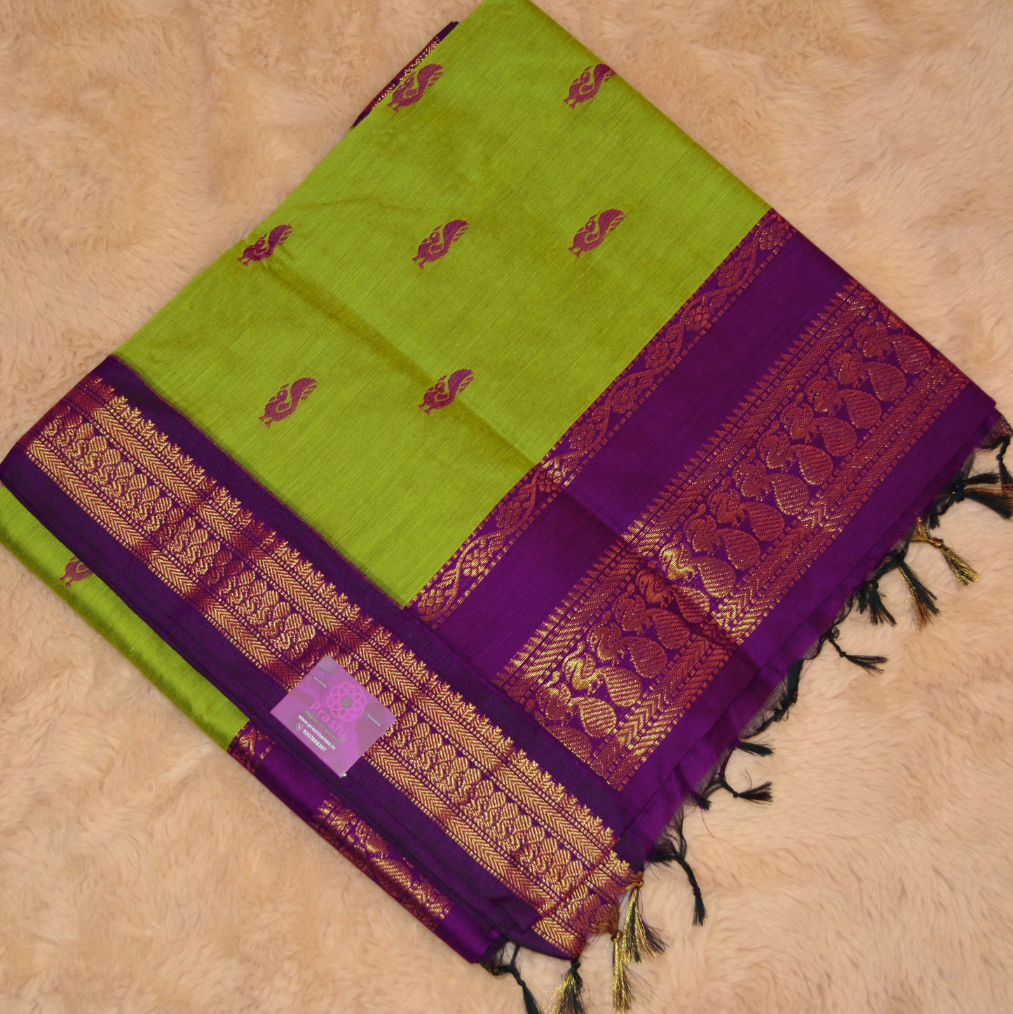 Parrot green and purple handloom cotton saree