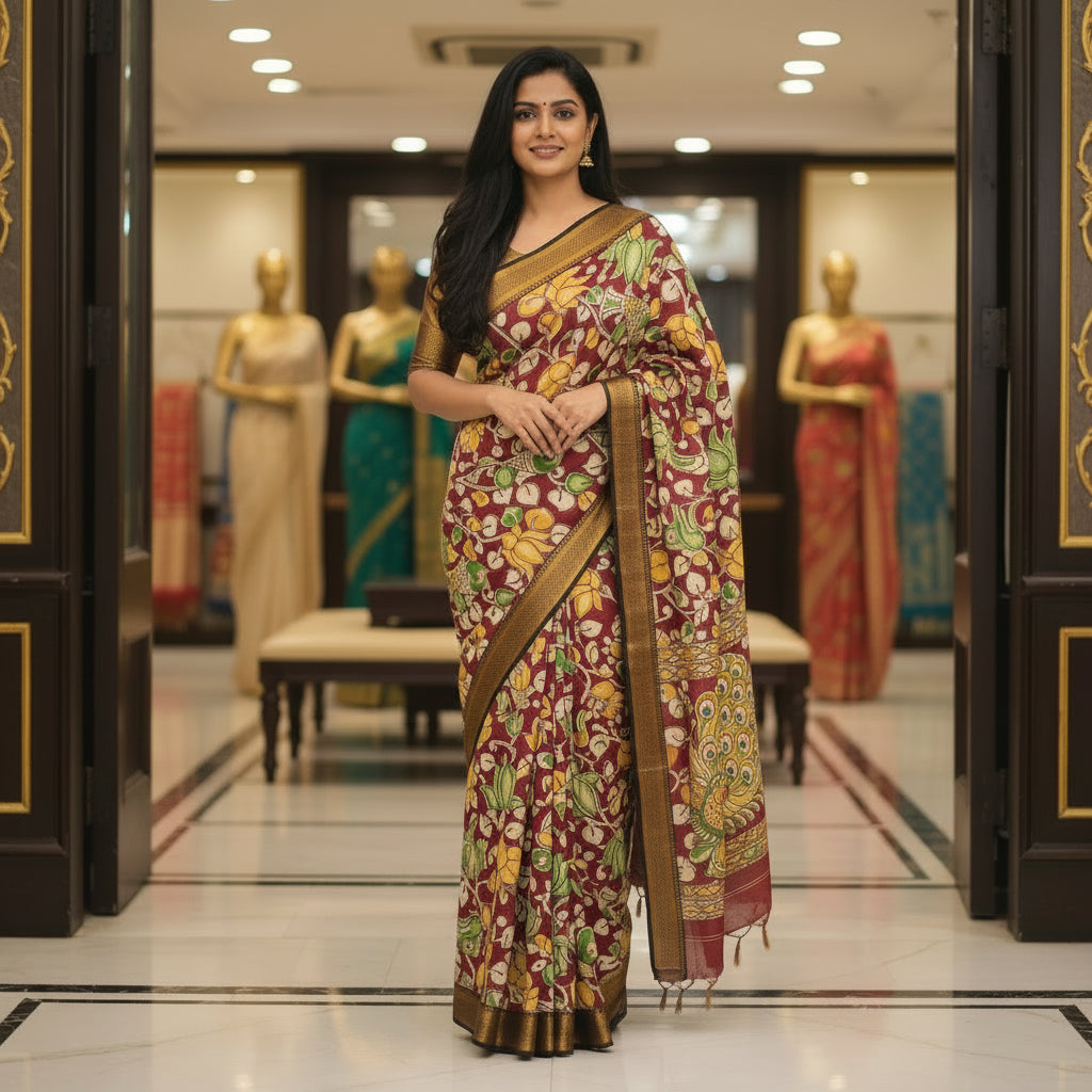 Brown with yellow kalamkari silk saree