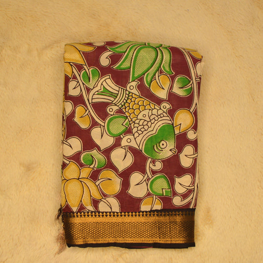 Brown with yellow kalamkari silk saree