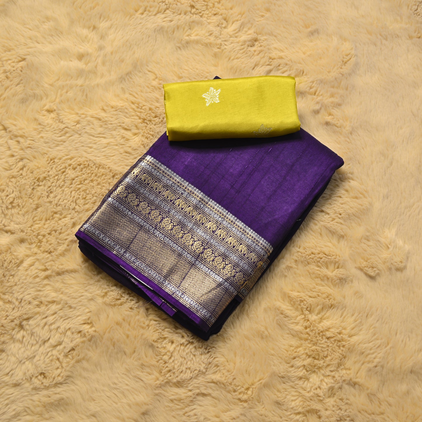 Purple plain mashroo silk saree with contrast blouse