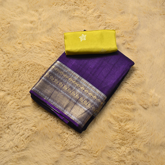 Purple plain mashroo silk saree with contrast blouse