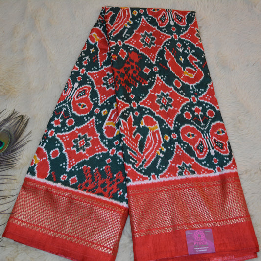 bottle green with red ikkat semi dola silk saree