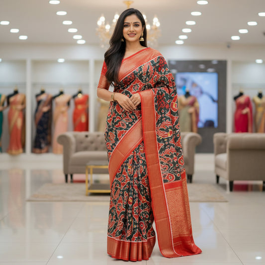 bottle green with red ikkat semi dola silk saree