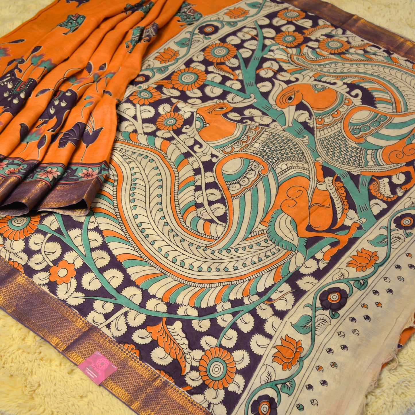 Orange with purple kalamkari silk saree