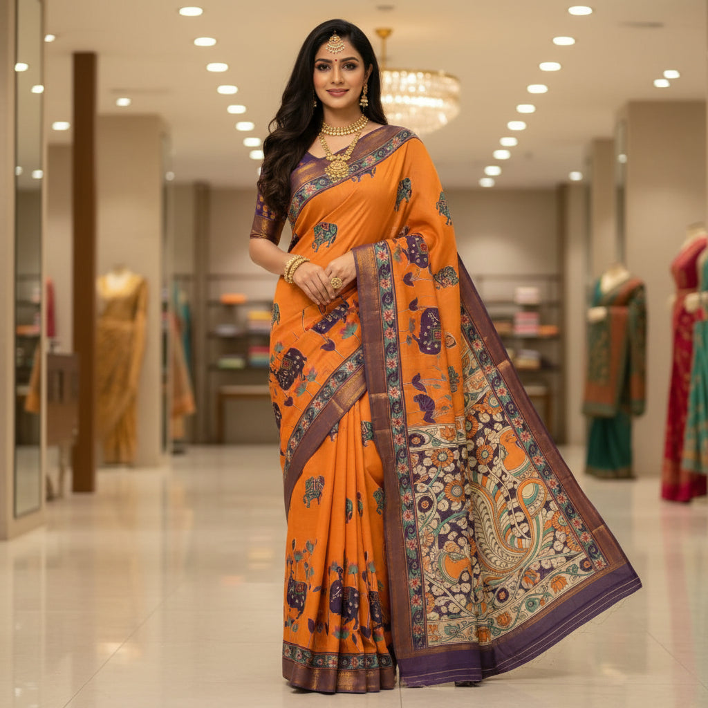 Orange with purple kalamkari silk saree
