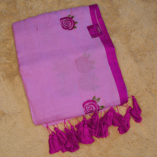 Baby pink mul cotton embroidery saree