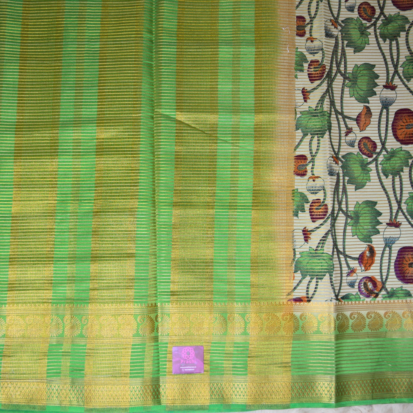 Half white semi mysore crepe kalamkari saree