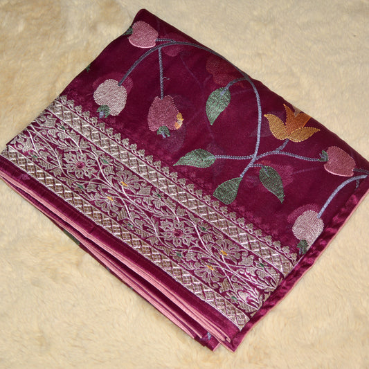 Wine colour tissue german silver work saree