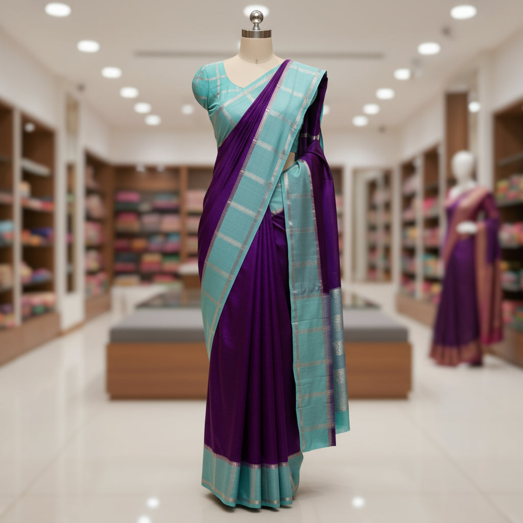 Purple Muslin cotton saree with pastel green contrast border